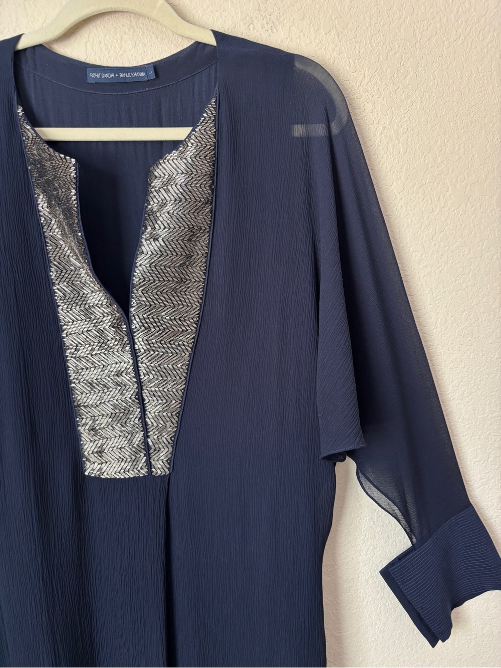 Rohit Gandhi + Rahul Khanna Crinkle Silk Beaded Placket Midi Formal Dress - Picture 10 of 14
